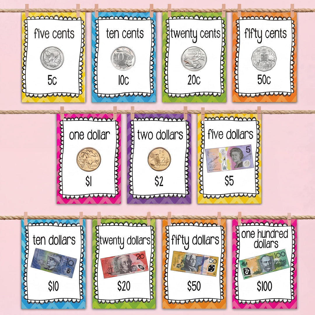 Australian money posters hanging on a rope display, featuring colourful designs for coins and banknotes. Ideal for teaching currency recognition in primary classrooms.