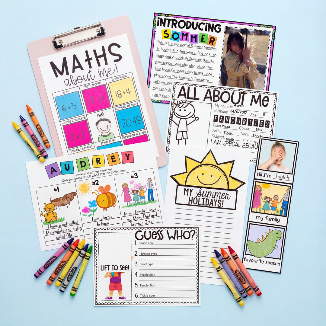 Collage of back-to-school activities including All About Me, Maths About Me, Guess Who, student writing, and first day certificates.