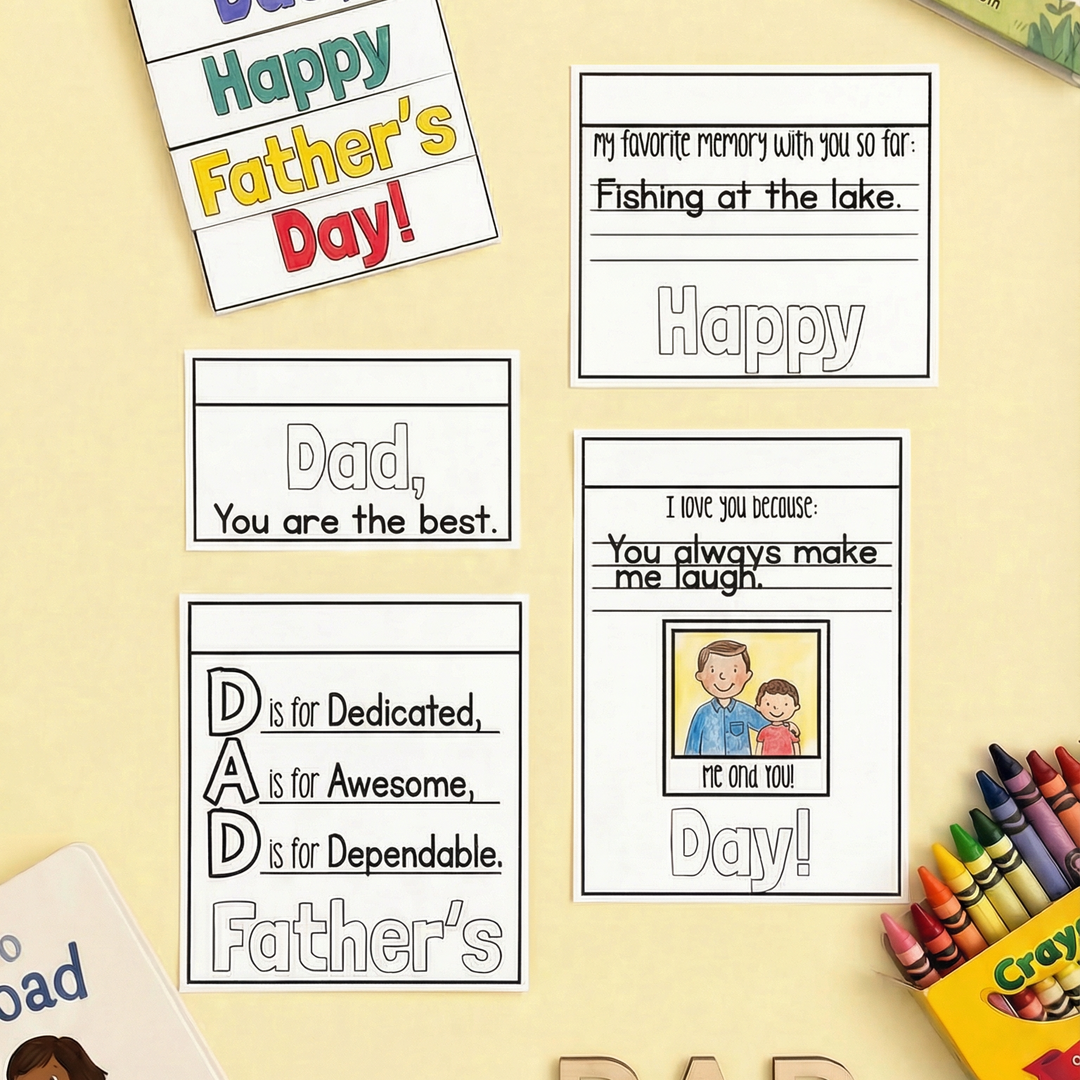 A set of black-and-white printable pages for a Father’s Day flipbook, including prompts such as "My favourite memory with you so far," "I love you because," and a space for a drawing or photo. Colourful construction paper is scattered in the background.