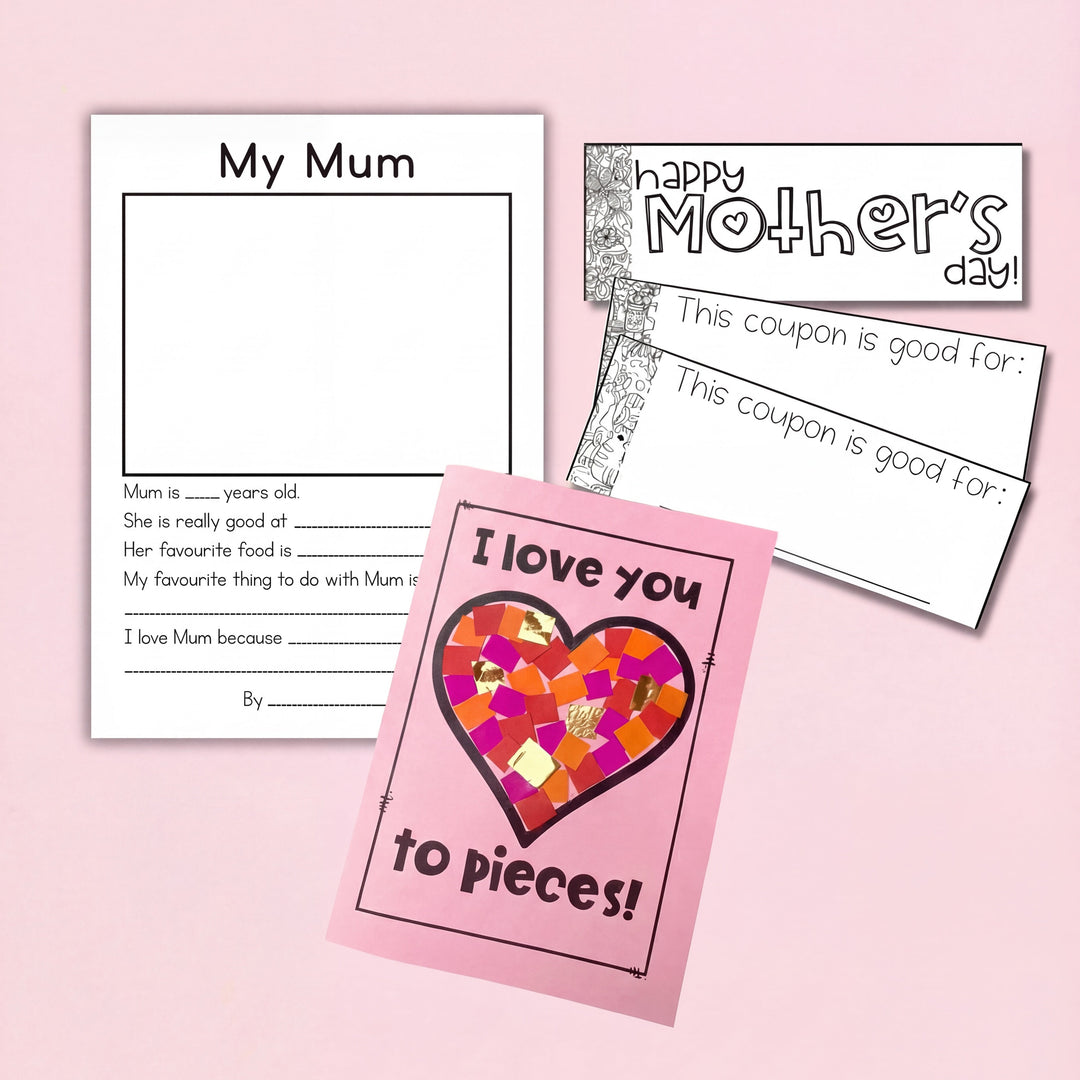  A printable Mother's Day activity pack featuring a "My Mum" fill-in-the-blank worksheet, a pink "I love you to pieces" heart craft, and a set of Mother's Day coupons. Colourful paper sheets, scissors, and crafting materials are included.
