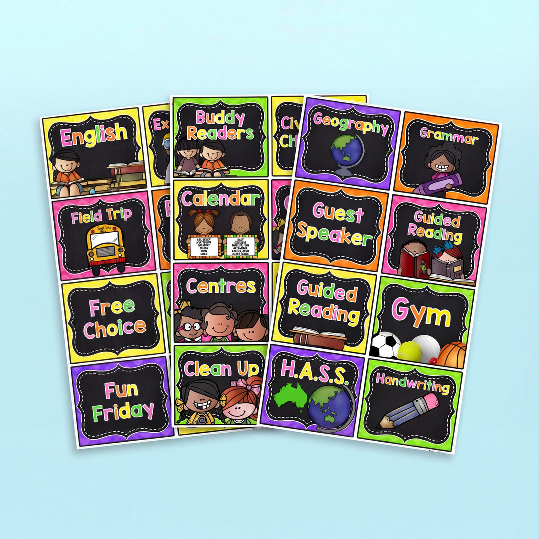 Colourful classroom visual schedule cards with subjects and activities such as English, Buddy Readers, Calendar, Geography, Guest Speaker, Guided Reading, Field Trip, Clean Up, Gym, and HASS. Each card features playful clip art and vibrant backgrounds.