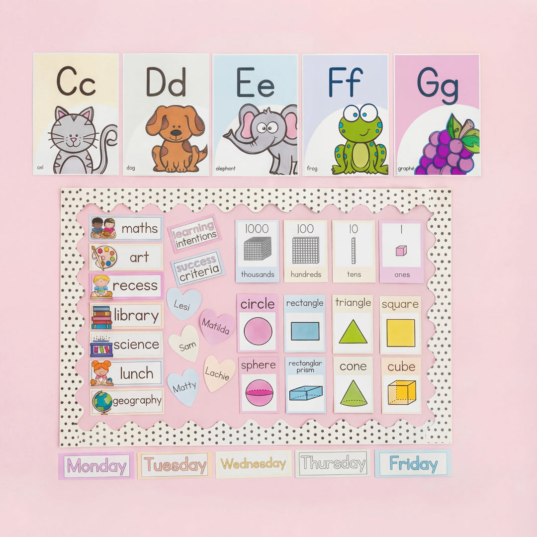 Gentle Classroom Decor Set with 16 products in soft colours for calm, displayed on a classroom wall with matching objects.