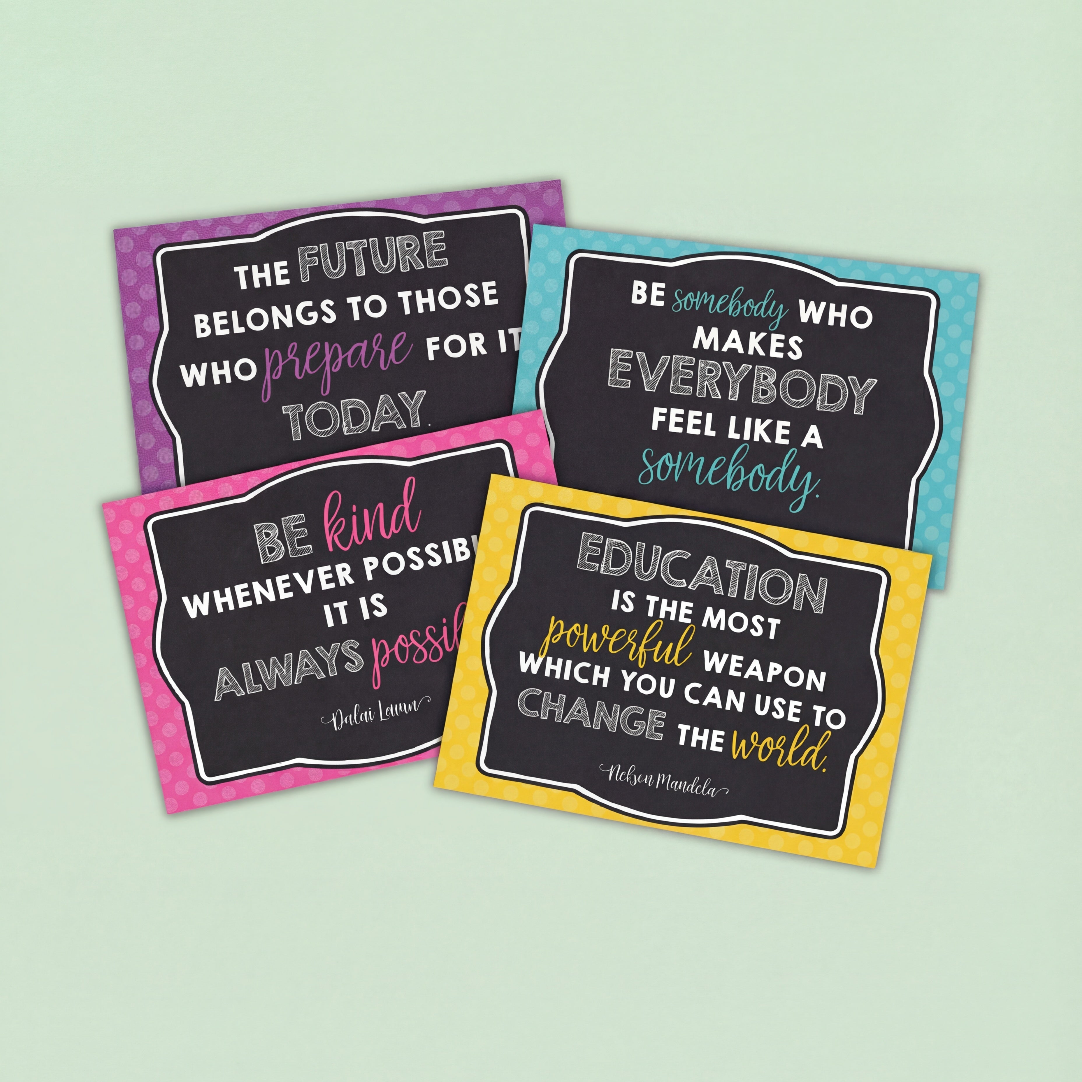 Four colourful classroom motivational posters with chalkboard-style designs featuring inspirational quotes about kindness, education, confidence, and making others feel valued, bordered in purple, blue, pink, and yellow patterns.
