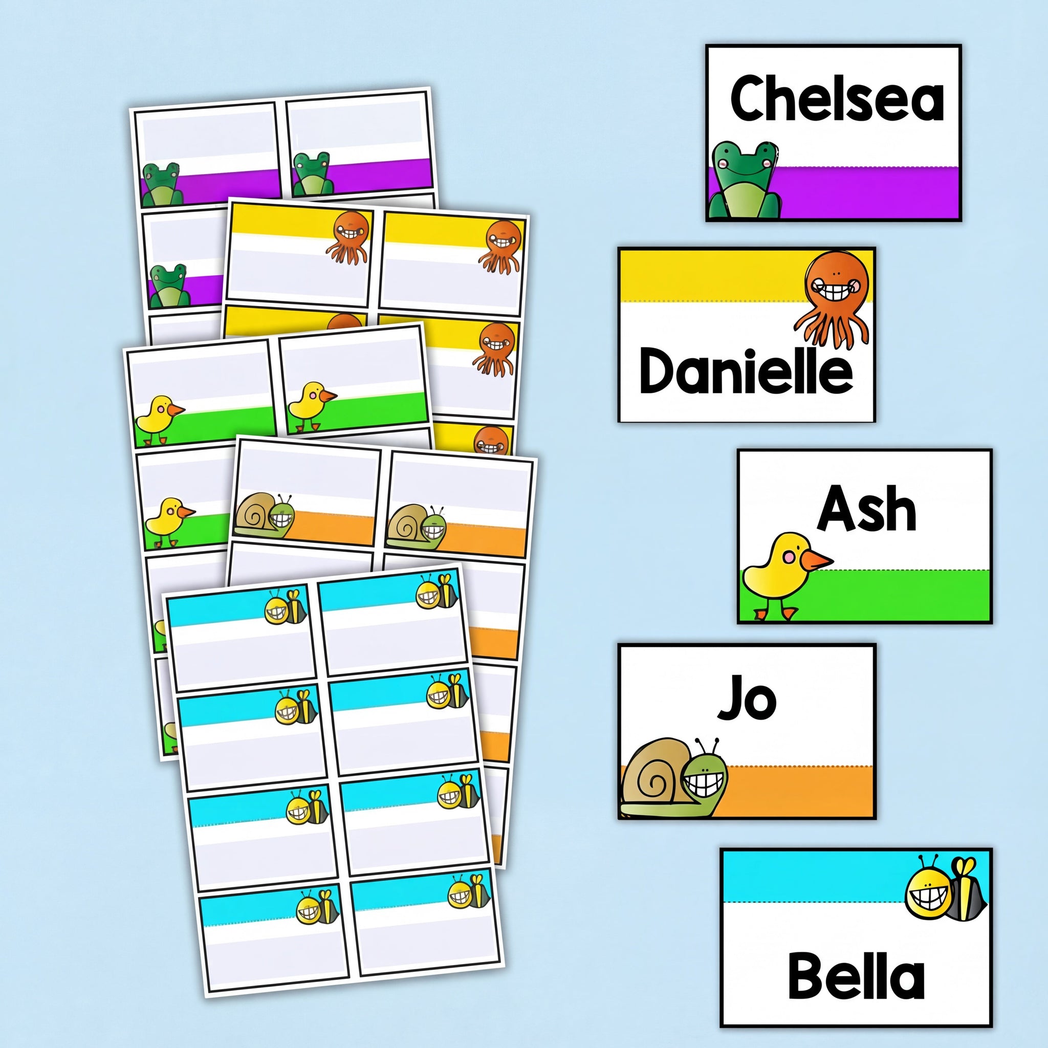 A collection of name tags with cartoon animal themes, including frogs, octopuses, ducks, snails, and bees. Some tags have student names printed in bold black text.