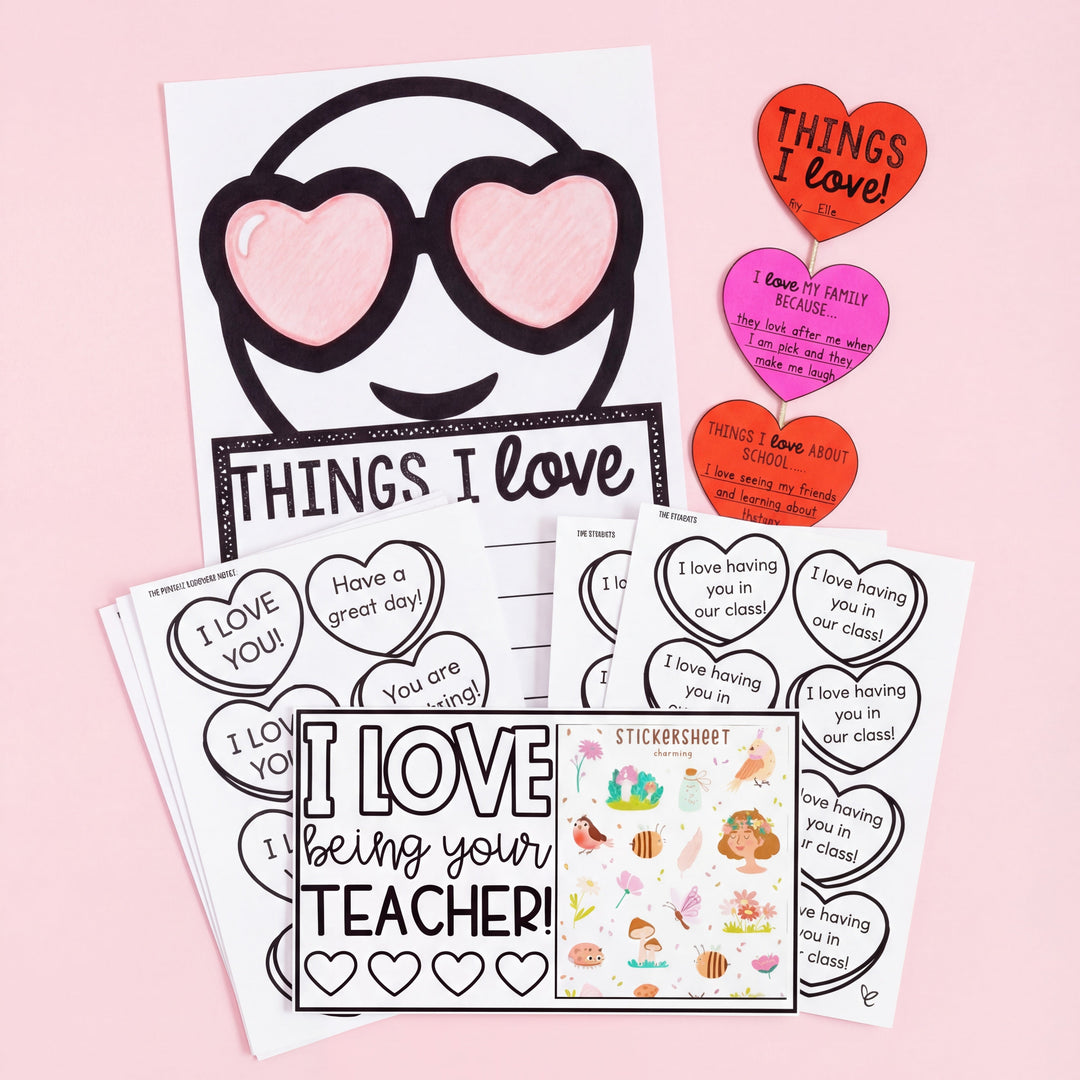 Valentine’s Day classroom activity set featuring heart-themed writing prompts, student and parent notes, and a “Things I Love” emoji worksheet. Includes a “I Love Being Your Teacher” sign, sticker sheet, and colourful craft supplies for hands-on fun.