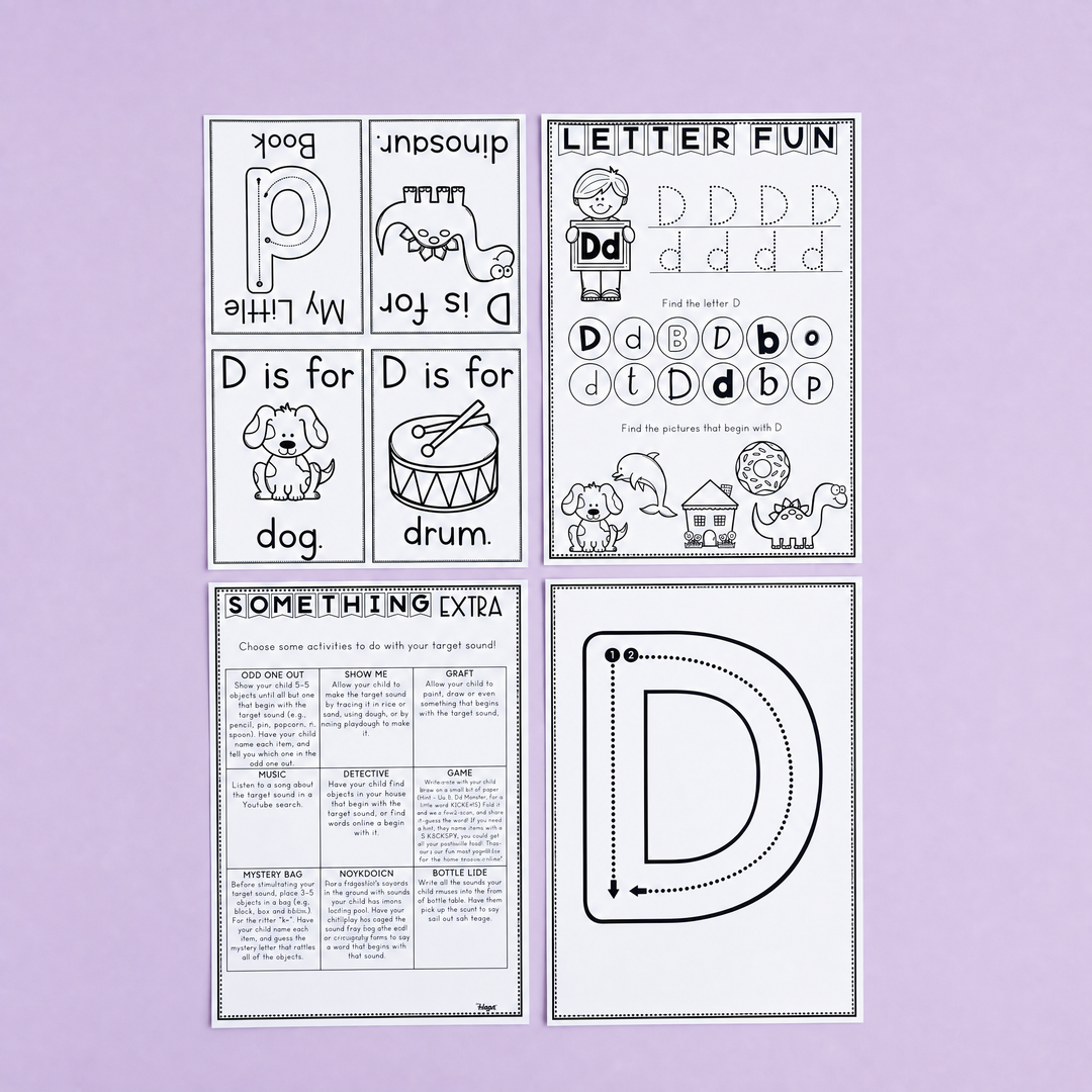 Printable Letter D activity pack for preschool and kindergarten literacy learning. Features uppercase and lowercase D tracing worksheets, beginning sound recognition activities, mini vocabulary flashcards, handwriting formation practice, and phonics extension tasks. Includes child-friendly vocabulary and illustrations such as dog, drum, dinosaur, and dolphin to support early reading and alphabet mastery.