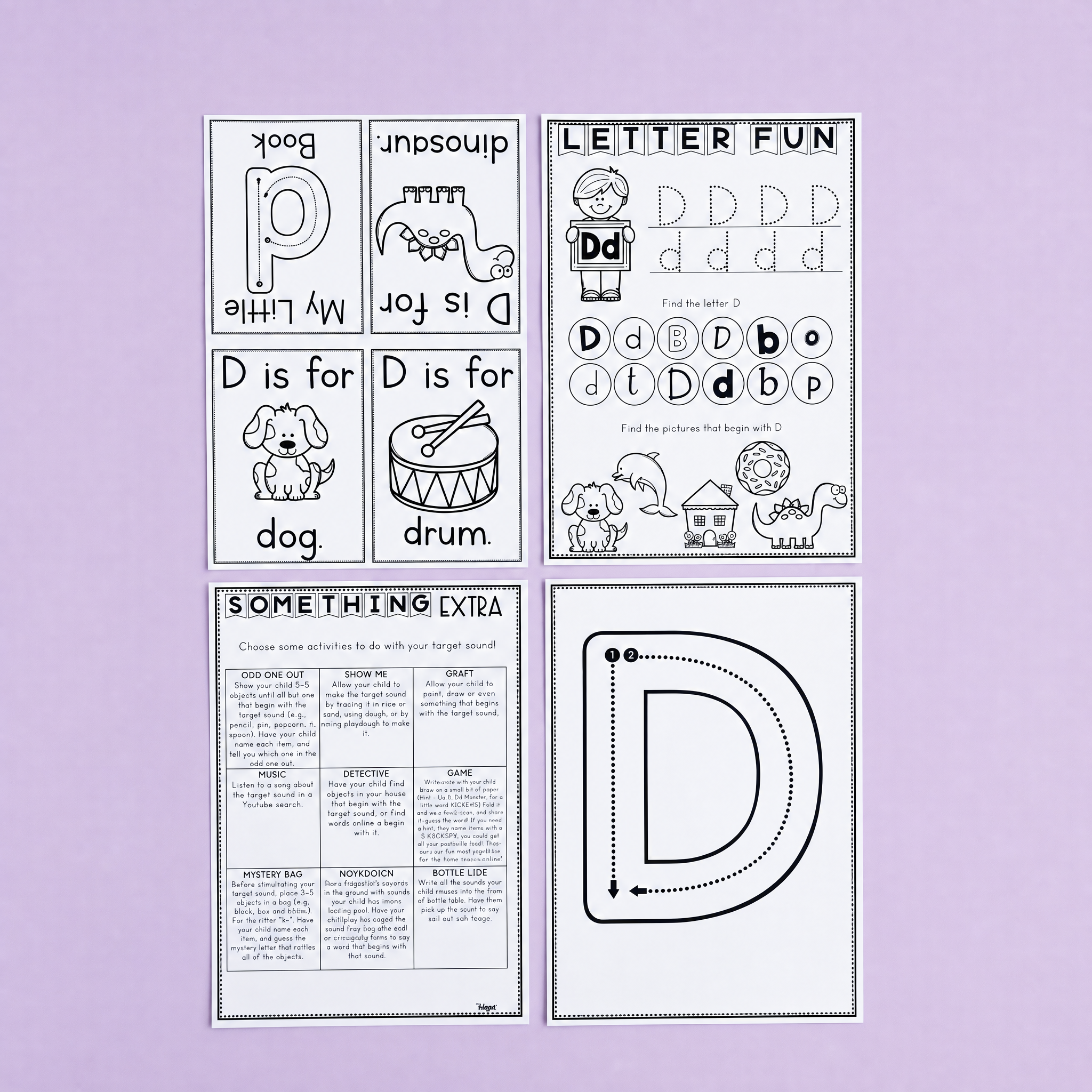 Printable Letter D activity pack for preschool and kindergarten literacy learning. Features uppercase and lowercase D tracing worksheets, beginning sound recognition activities, mini vocabulary flashcards, handwriting formation practice, and phonics extension tasks. Includes child-friendly vocabulary and illustrations such as dog, drum, dinosaur, and dolphin to support early reading and alphabet mastery.