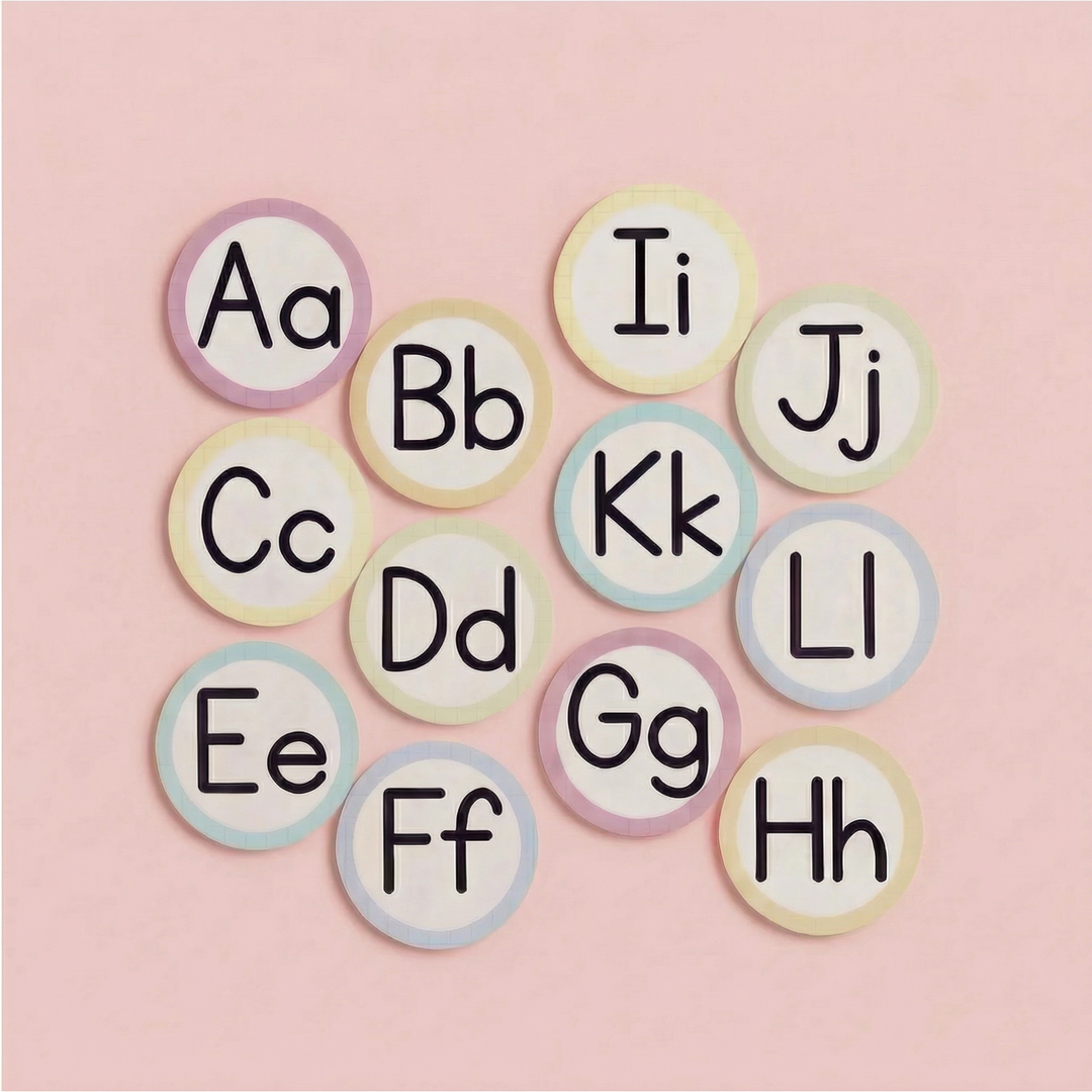 Pastel alphabet circle cards showing uppercase and lowercase letters on a soft pink background, suitable for early years classroom displays