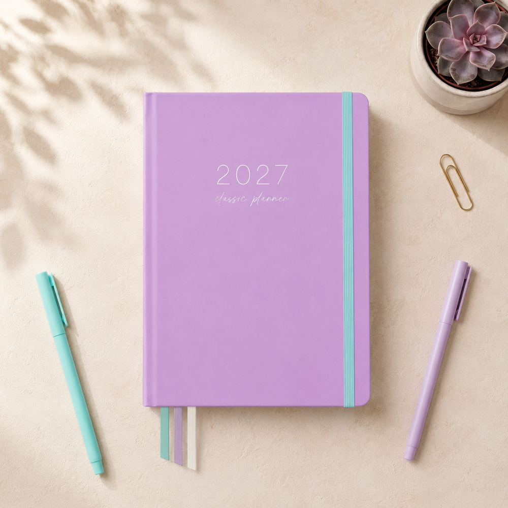 2027 Lilac Classic Weekly Teacher Planner styled lifestyle scene