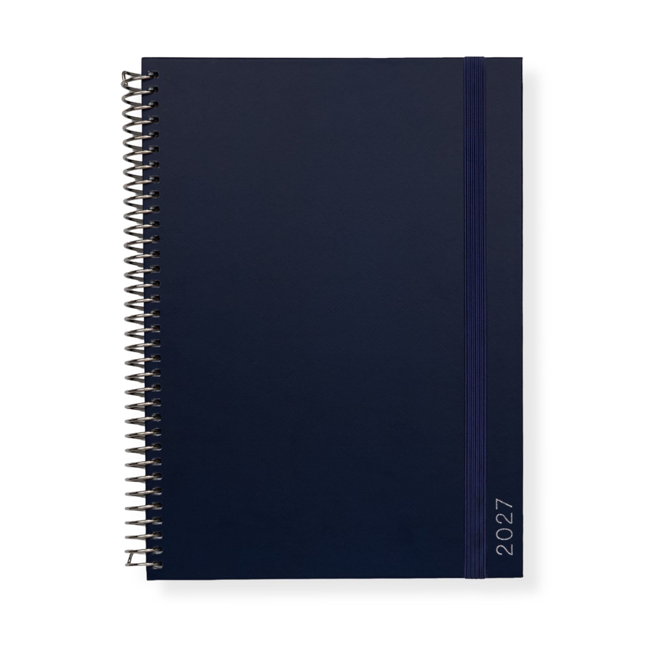 2027 Signature Planner in navy blue with tonal '2027' text, silver coil binding, and matching navy elastic closure.