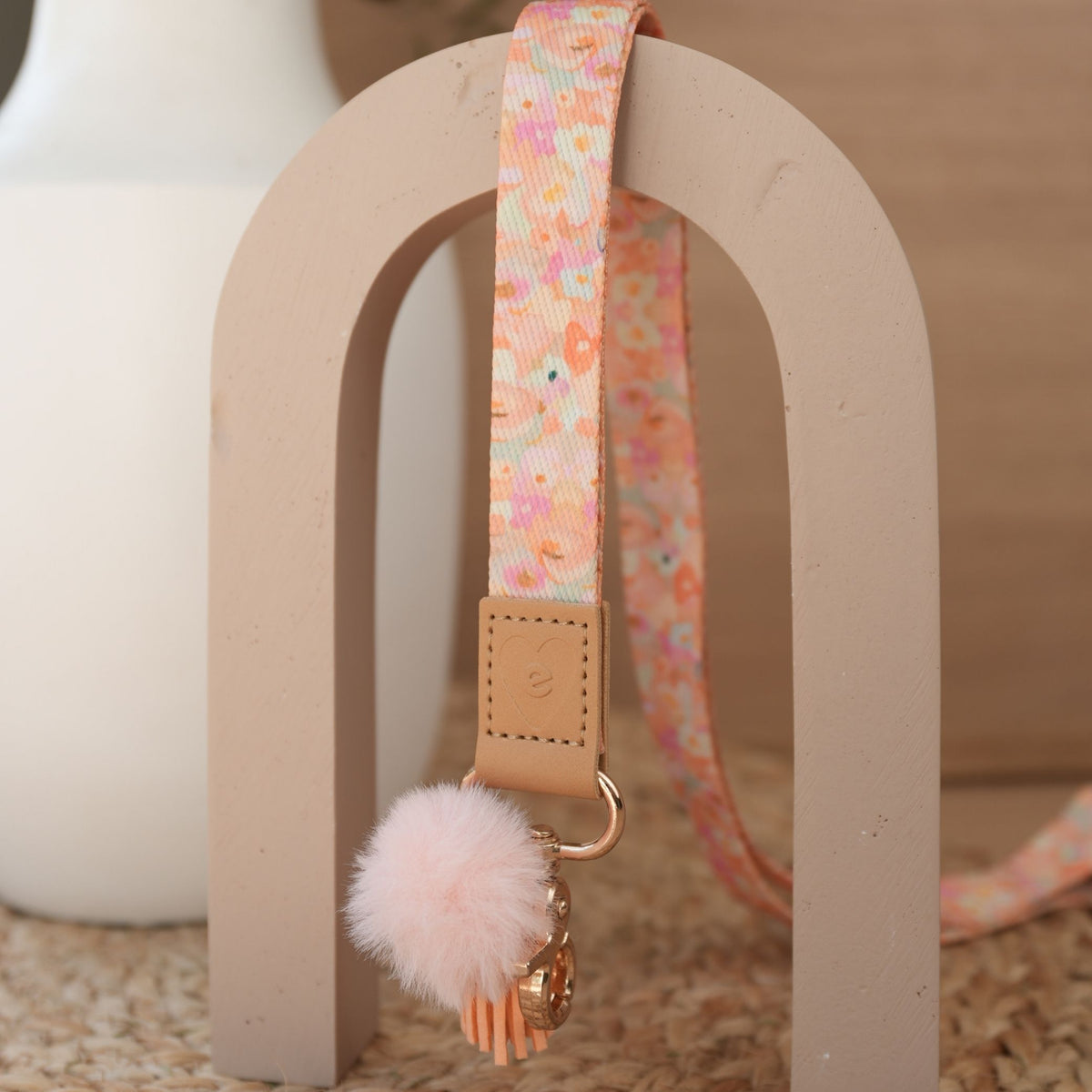 Love Fool floral teacher lanyard by Jade Fisher full length, gold clasp, peach pom pom and orange tassel