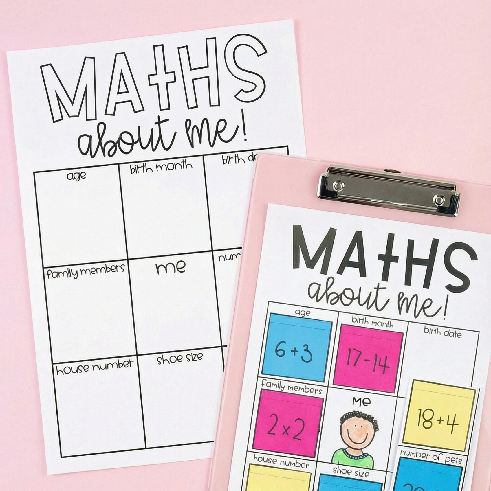 Three Maths About Me posters: one with categories to answer, one filled in, and one with maths problems over the answers.