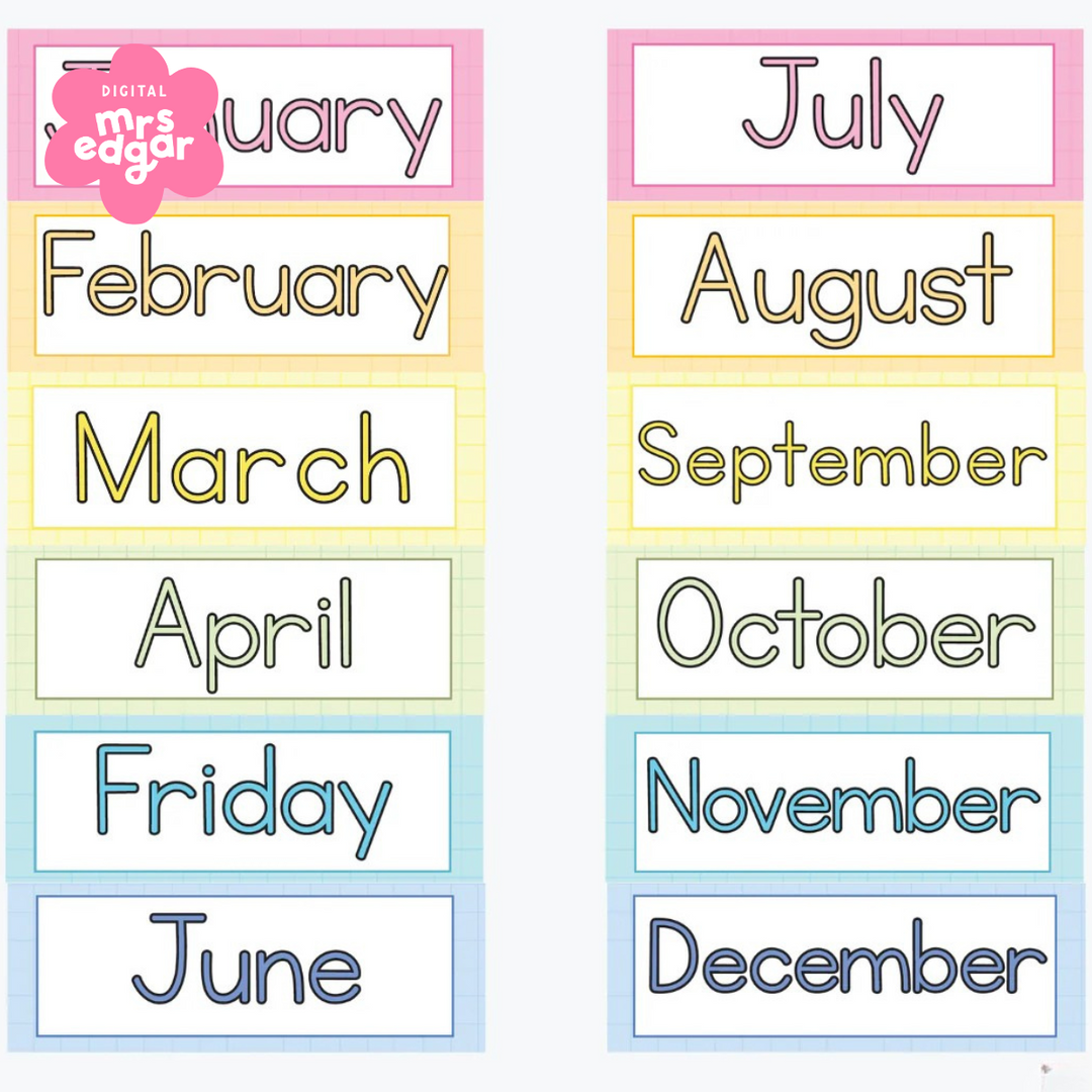 Colourful 'Months of the Year' labels featuring each month in a distinct bright shade, arranged in a visually engaging display for classroom decor.