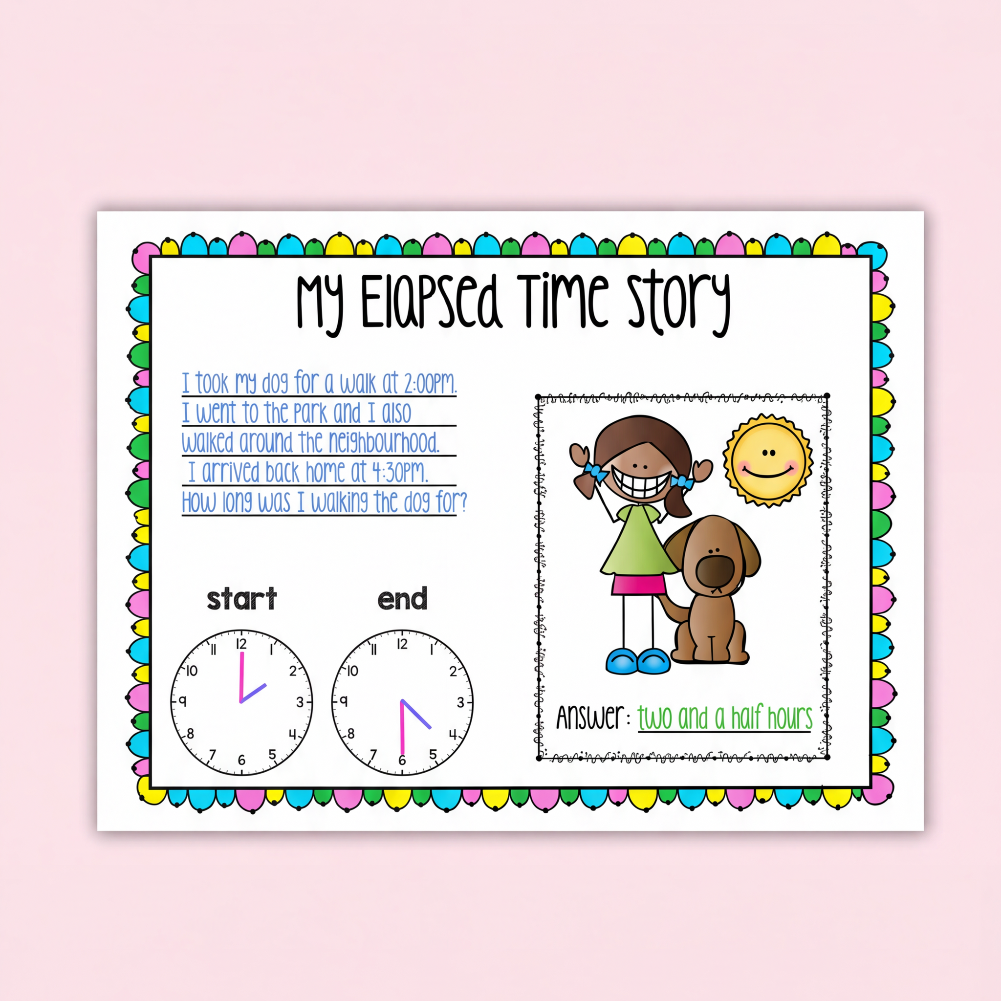 Interactive Elapsed Time Activities digital download featuring creative storytelling elements for mastering time-telling skills. Displayed on a white background with over craft items. The first card has been filled in to show the finished result