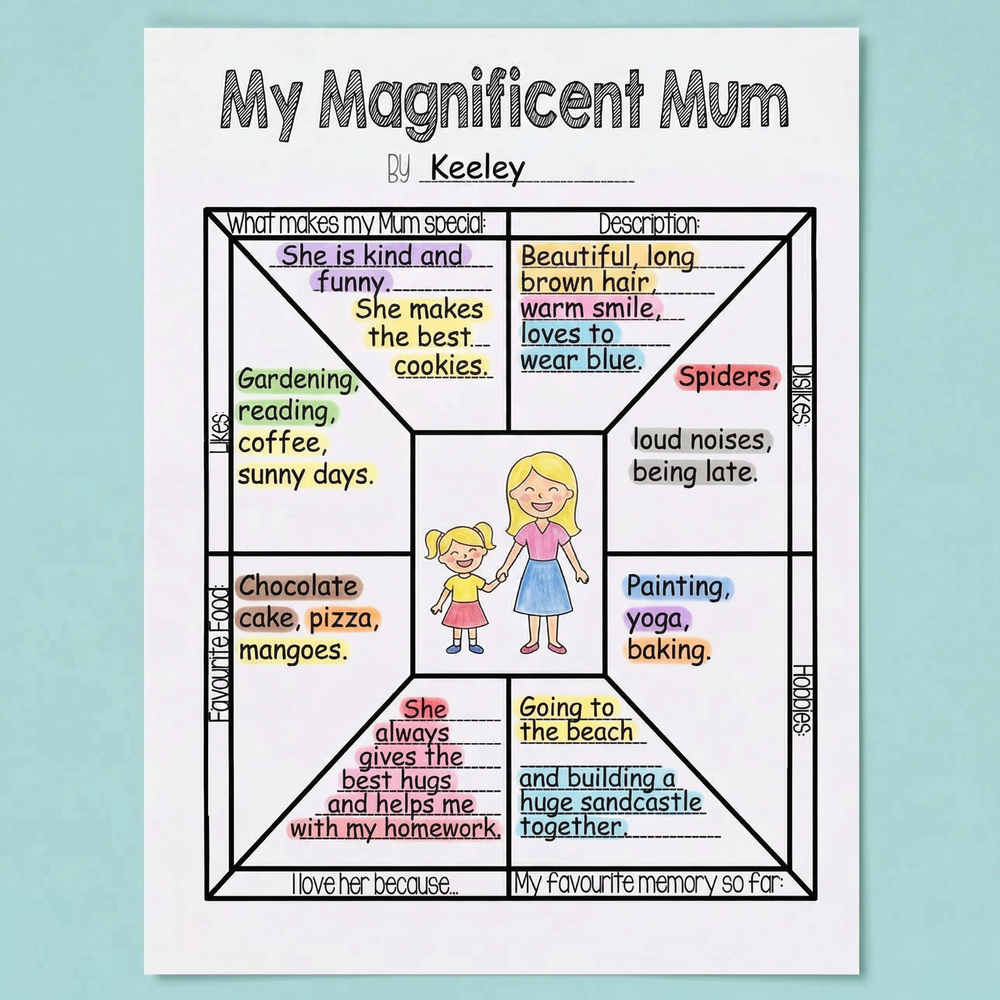 Completed “My Magnificent Mum” worksheet filled in by a child, describing their mum’s personality, appearance, likes, dislikes, favourite foods, hobbies, and special memories, with a small illustration of a mother and child in the centre