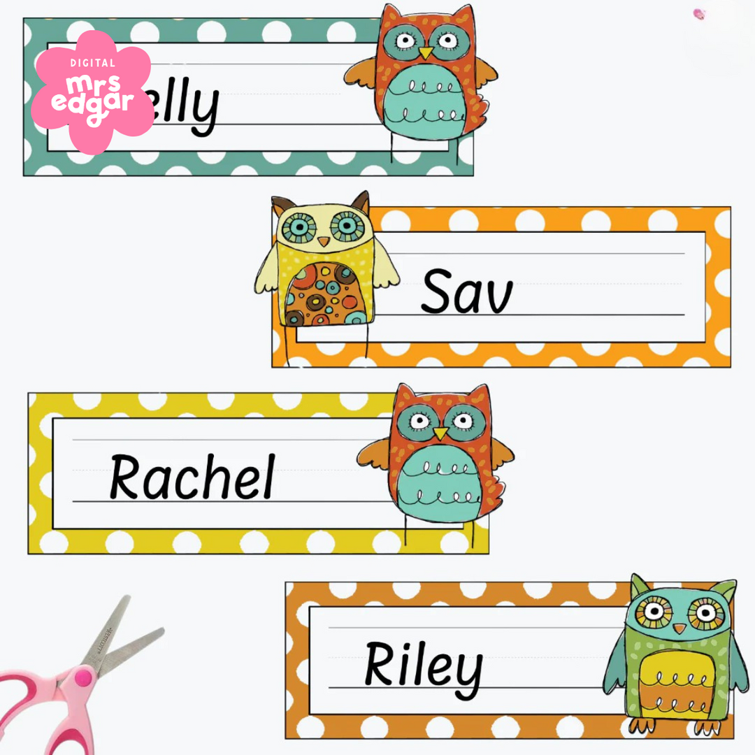 Owl-themed editable desk name plates for "Kelly," "Sav," "Rachel," and "Riley," shown cut out and ready for classroom use.