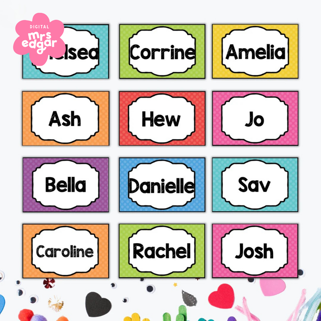 A collection of vibrant name tags with student names written in bold black text. Each tag has a different coloured background with a polka-dot pattern.