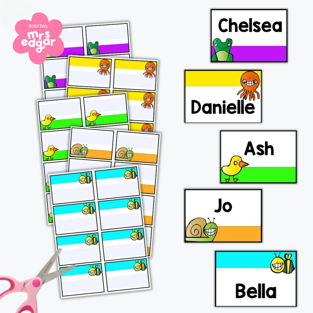 A collection of name tags with cartoon animal themes, including frogs, octopuses, ducks, snails, and bees. Some tags have student names printed in bold black text.