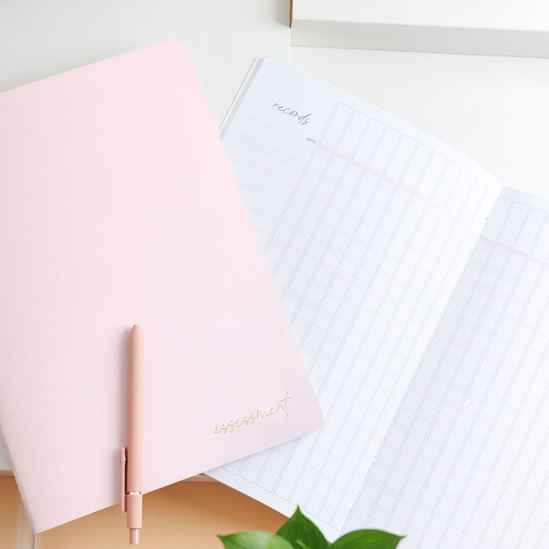 Styled image of a blush assessment journal on top of an open neutral blush assessment journal, with a pink pen resting on top.
