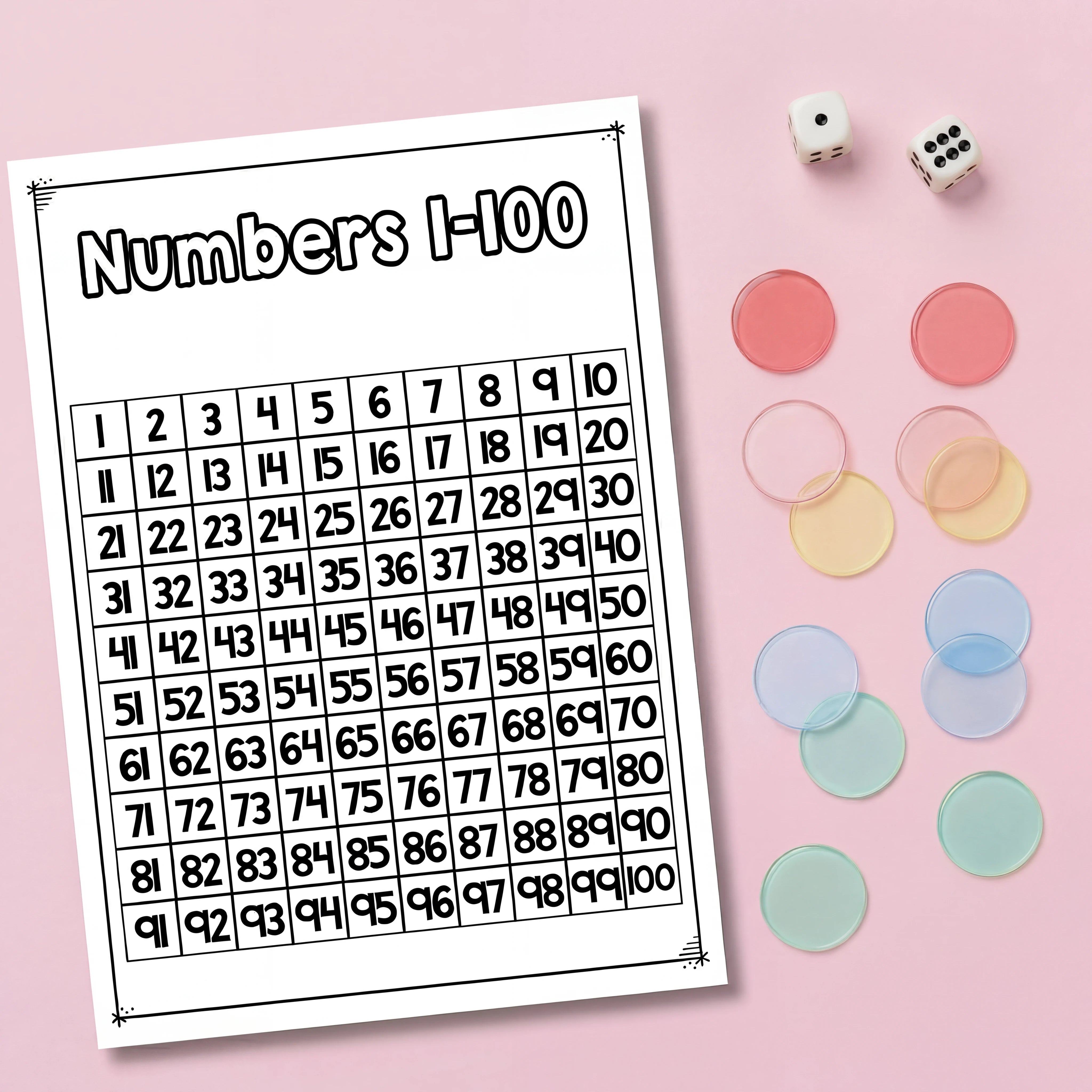 Printable numbers 1–100 chart worksheet with bold number grid for early maths learning, counting practice, number recognition, skip counting, and classroom activities. Styled flat lay with counting manipulatives, dice, and transparent counters on a pastel background. Ideal for preschool, kindergarten, first grade maths centers, homeschool resources, printable number charts, and hands-on numeracy activities.