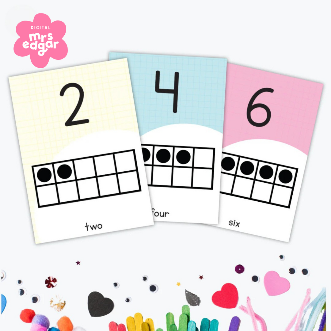 Six number posters featuring even numbers from 2 to 12, each with a numeral, a ten-frame model with corresponding dots, and the written number below. The posters have alternating pastel backgrounds in yellow, blue, and pink.