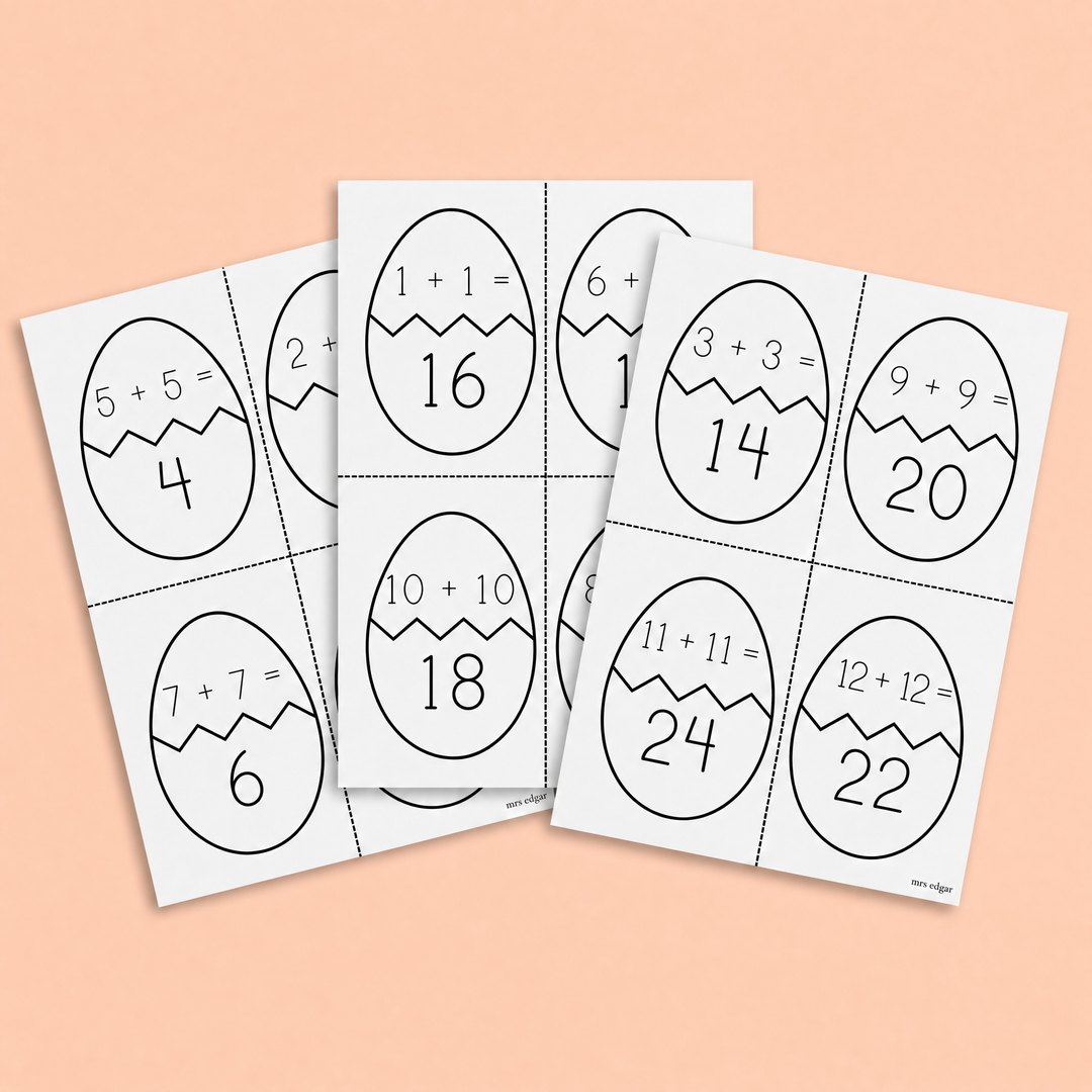 Three printable Easter egg math matching worksheets spread across a pale pink background. Each egg is split with a zigzag crack line, showing simple addition equations on the top half and numbers on the bottom half for matching practice. Examples include “1 + 1 = 16,” “3 + 3 = 14,” and “11 + 11 = 24.” Dotted cutting lines separate the cards for classroom activities or games.