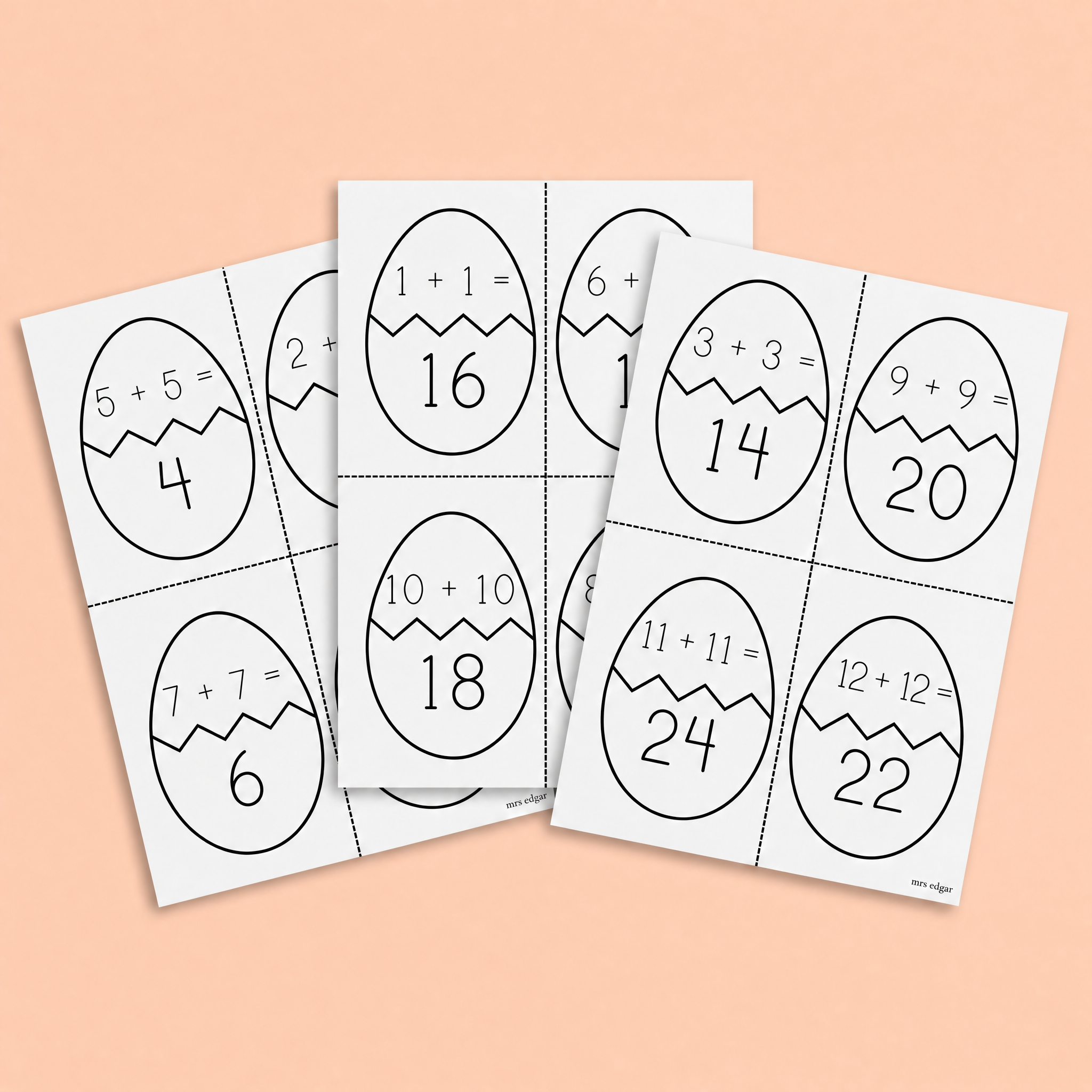 Three printable Easter egg math matching worksheets spread across a pale pink background. Each egg is split with a zigzag crack line, showing simple addition equations on the top half and numbers on the bottom half for matching practice. Examples include “1 + 1 = 16,” “3 + 3 = 14,” and “11 + 11 = 24.” Dotted cutting lines separate the cards for classroom activities or games.