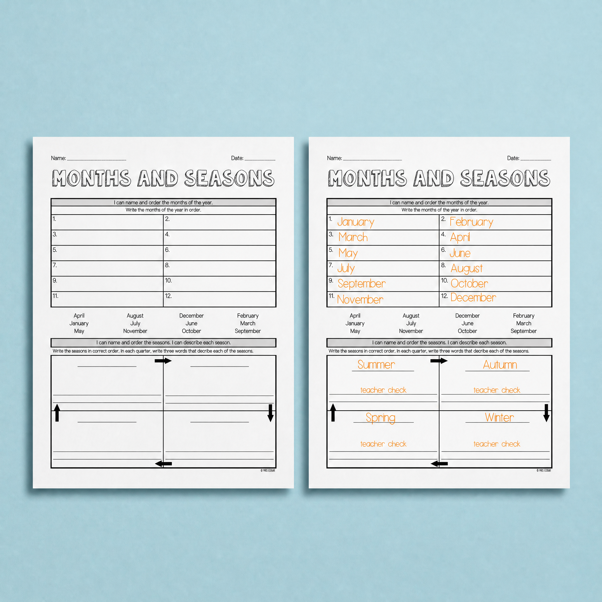 A seasonal and calendar-themed worksheet designed to help students learn the months of the year and identify the four seasons in order. This engaging activity encourages students to build sequencing skills, calendar awareness, and descriptive vocabulary while making connections to seasonal changes and everyday life. Perfect for early years classrooms, independent work, morning tasks, or literacy and numeracy integration activities.
