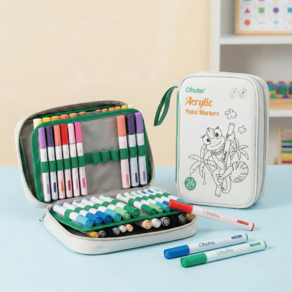 Teacher acrylic paint pens set in classroom setting with storage case, ideal teacher pens for art activities, creative lessons and student projects