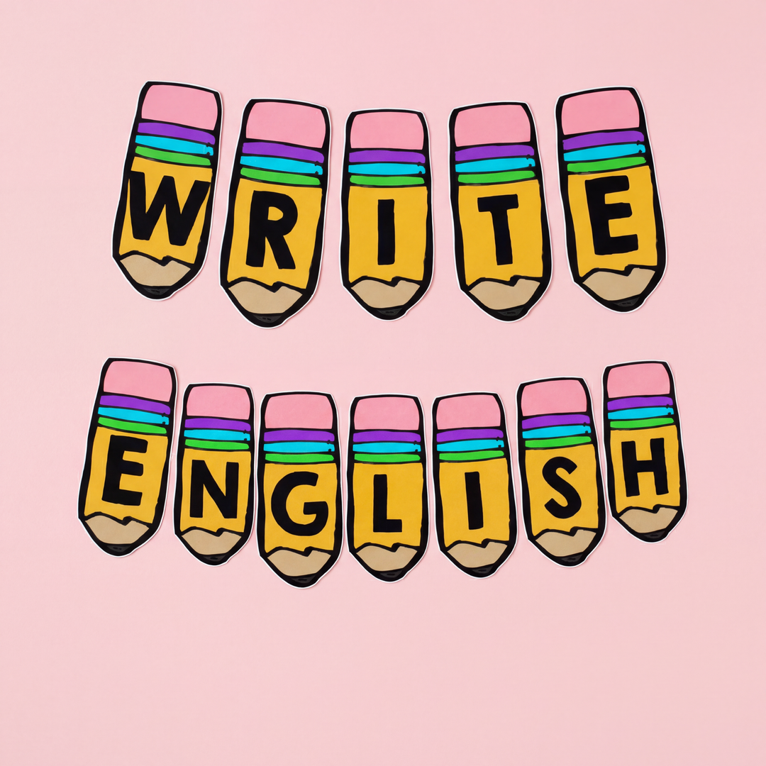 Colourful pencil-shaped classroom display letters spelling “WRITE ENGLISH” in bold black text on yellow pencils with pink erasers and rainbow stripes, arranged on a pink background.