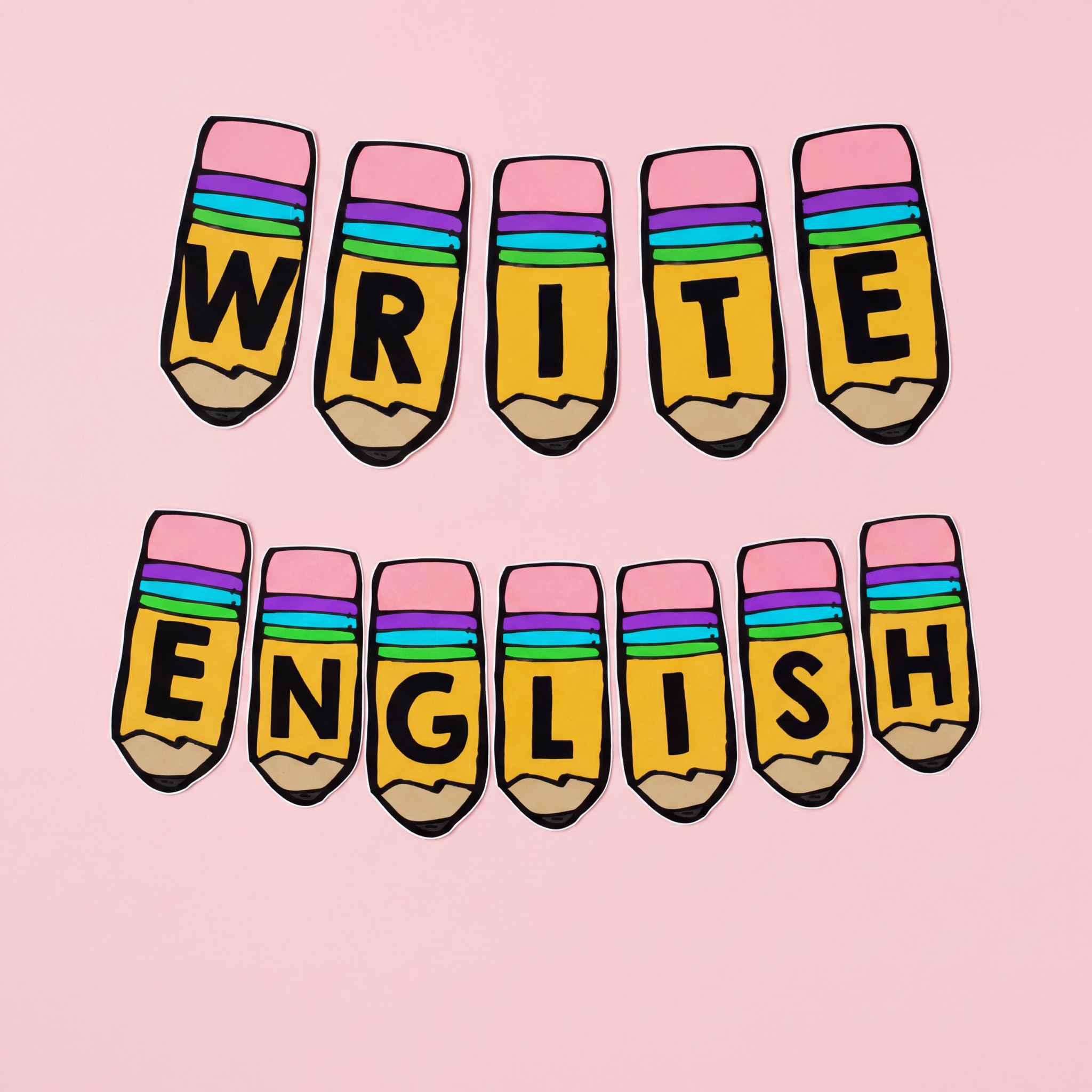 Colourful pencil-shaped classroom display letters spelling “WRITE ENGLISH” in bold black text on yellow pencils with pink erasers and rainbow stripes, arranged on a pink background.