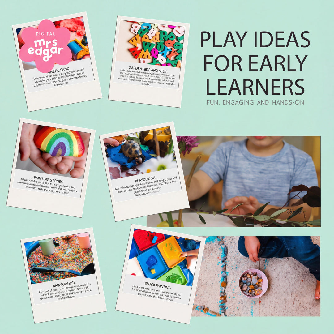 Promotional graphic for 'Play Ideas for Early Learners' with images of educational activities and text on a light blue background.