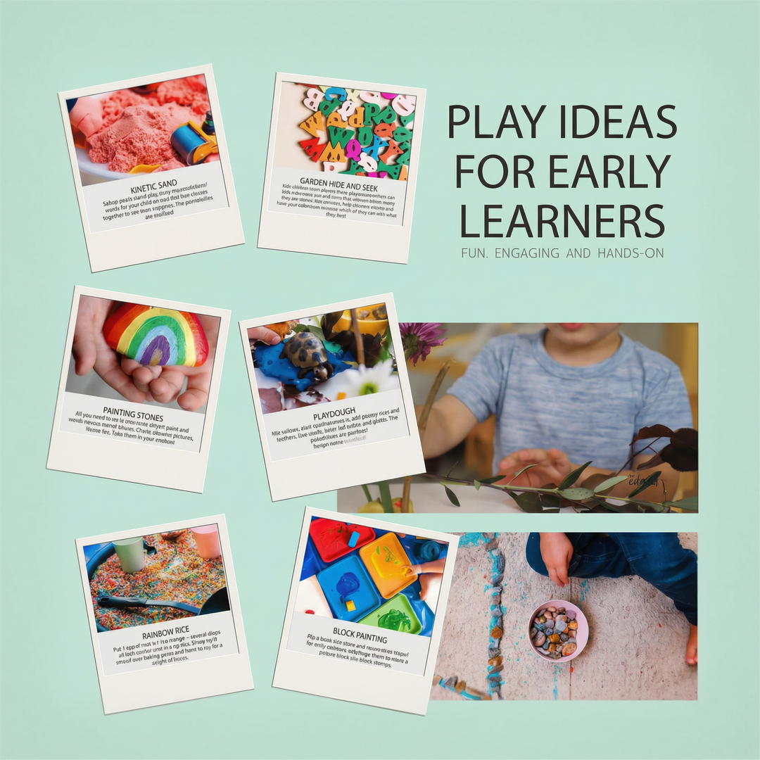 A pastel-colored poster titled “Play Ideas for Early Learners” featuring photos of hands-on activities such as kinetic sand, garden hide and seek with letters, painting stones, playdough, rainbow rice, and block painting, alongside images of a child exploring natural materials