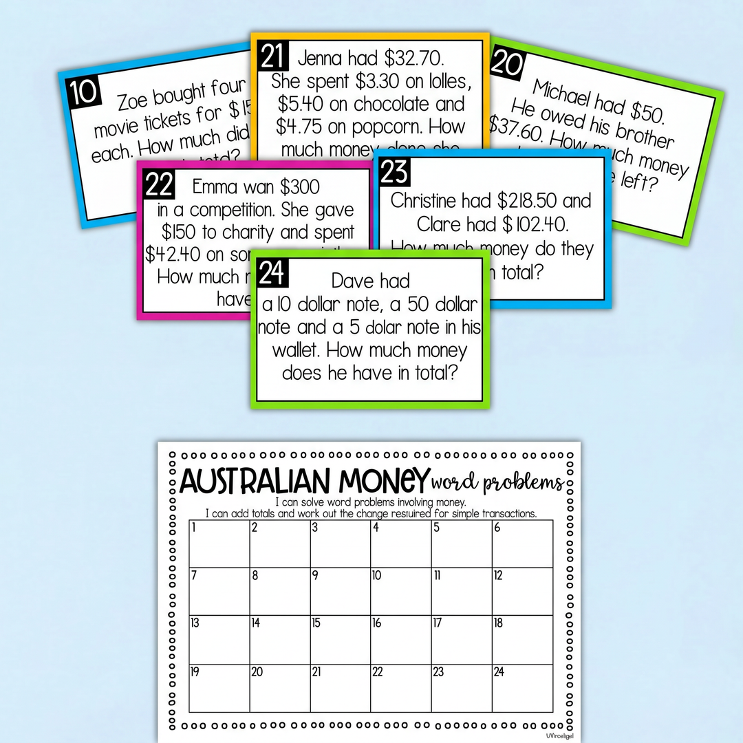 A set of task cards for Australian money word problems, numbered 19 to 24, with real-life scenarios requiring addition and subtraction of monetary values. The bottom section features a recording sheet titled 'Australian Money Word Problems,' with spaces to match answers for all 24 tasks.