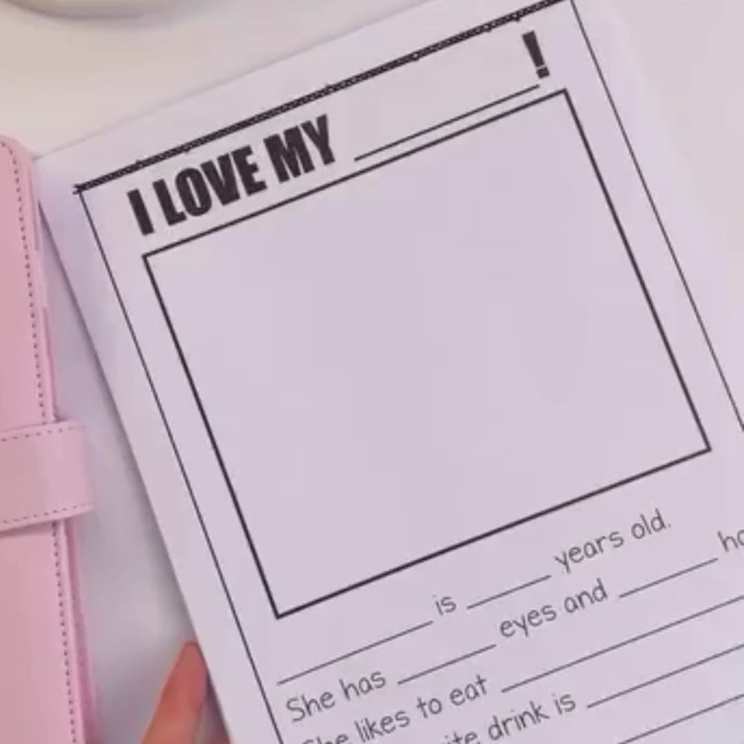 Printable “I Love My…” writing and drawing worksheet template for preschool and early elementary students. Features a large drawing space, simple sentence prompts, and fill-in-the-blank sections to help children describe a loved one, family member, friend, or special person while practicing early writing skills and self-expression.