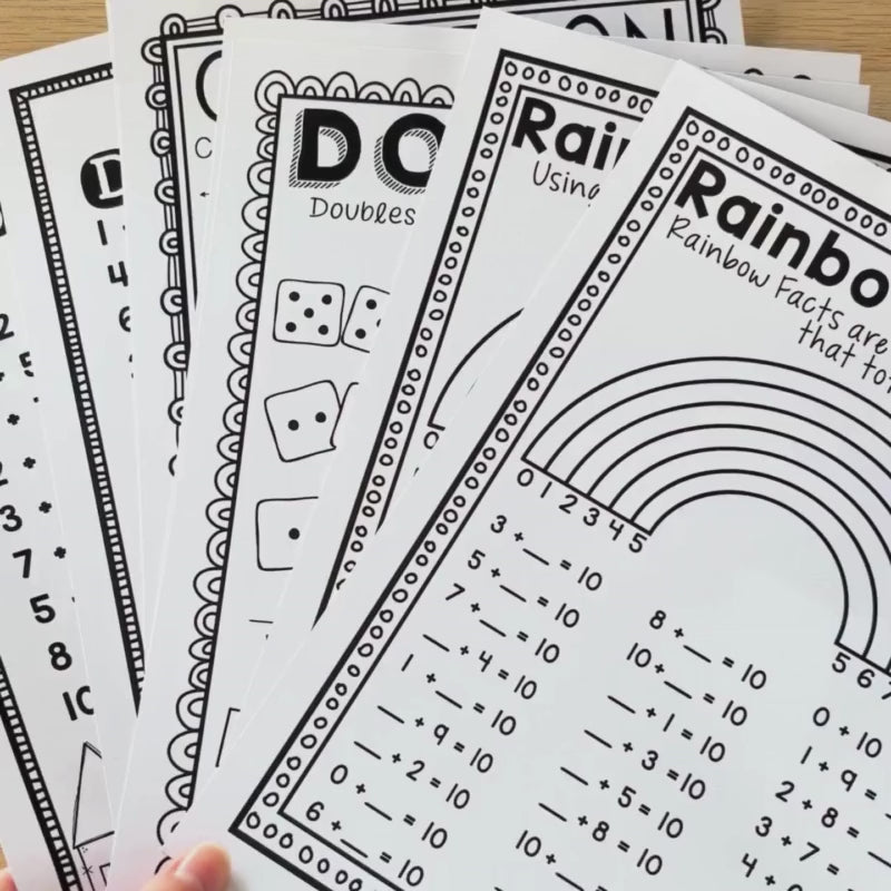 Mental Math Strategies Bundle with worksheets on rainbow facts, doubles, fact families, and count on skills.