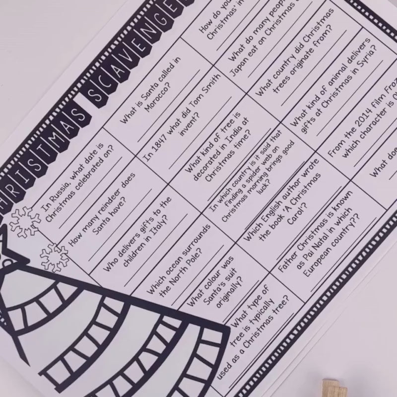 A video of Festive Christmas Scavenger Hunt digital download before and after it has been filled in and decorated.
