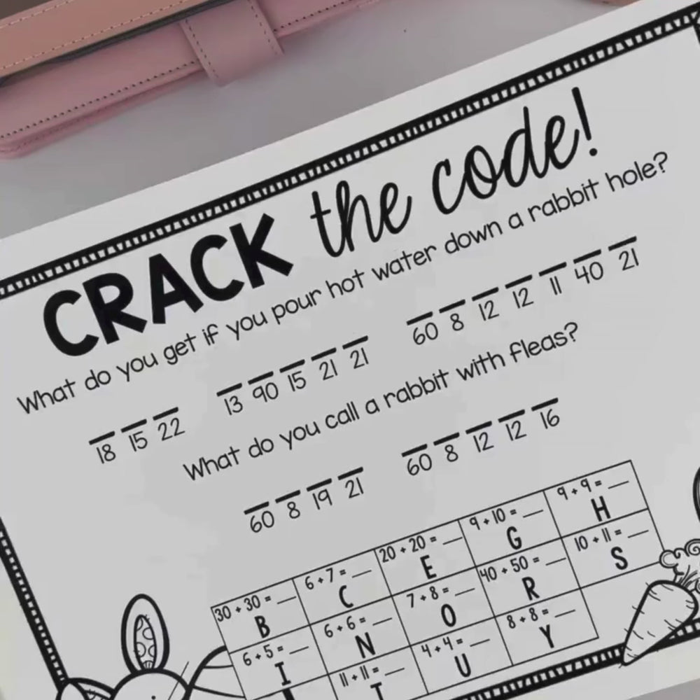  video showing a “Crack the Code!” Easter-themed worksheet with math problems used to solve riddles about rabbits. The page includes coded number sequences, multiplication facts, and a letter-answer key table, with part of a bunny illustration visible at the bottom.