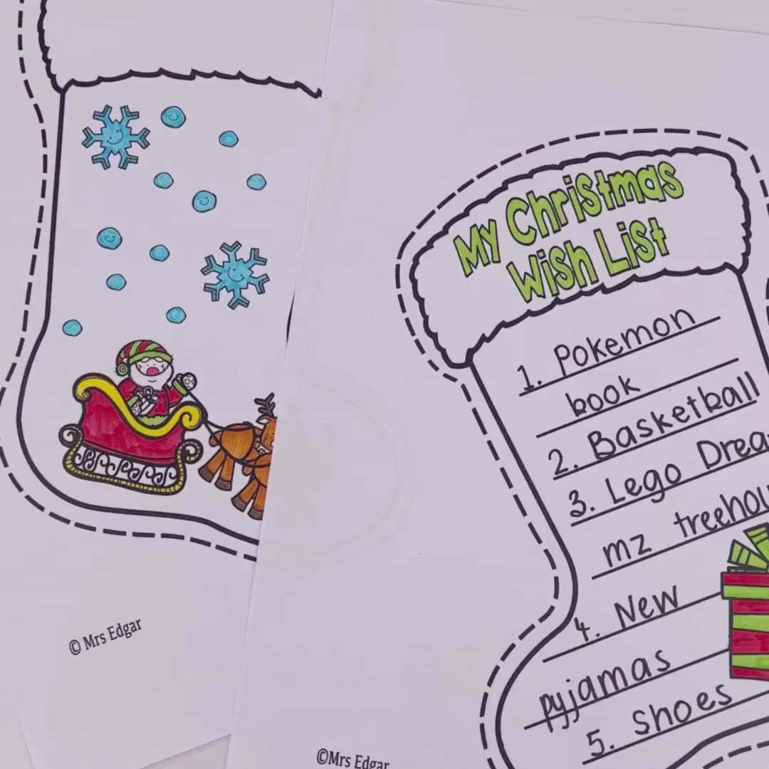 Woman demonstrating how to assemble the DIY Christmas Stocking Craft digital printable by stapling and stuffing the stocking, creating a fun holiday activity for kids.