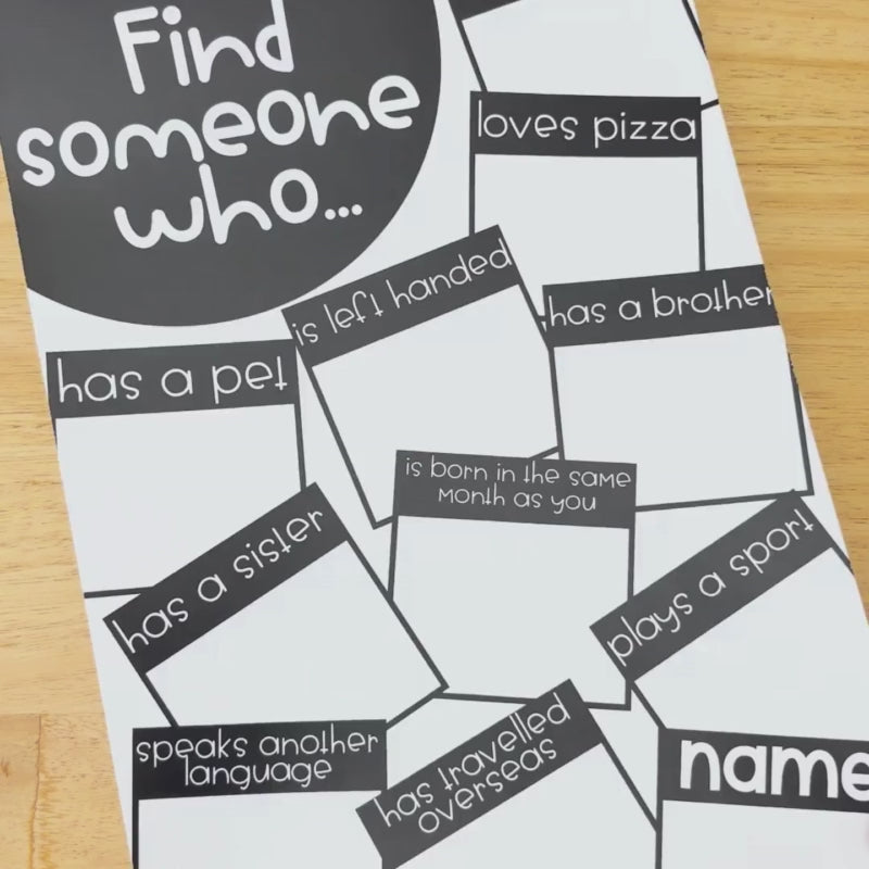 Back to School Scavenger Hunt worksheet where students find classmates who match prompts like hobbies or interests.