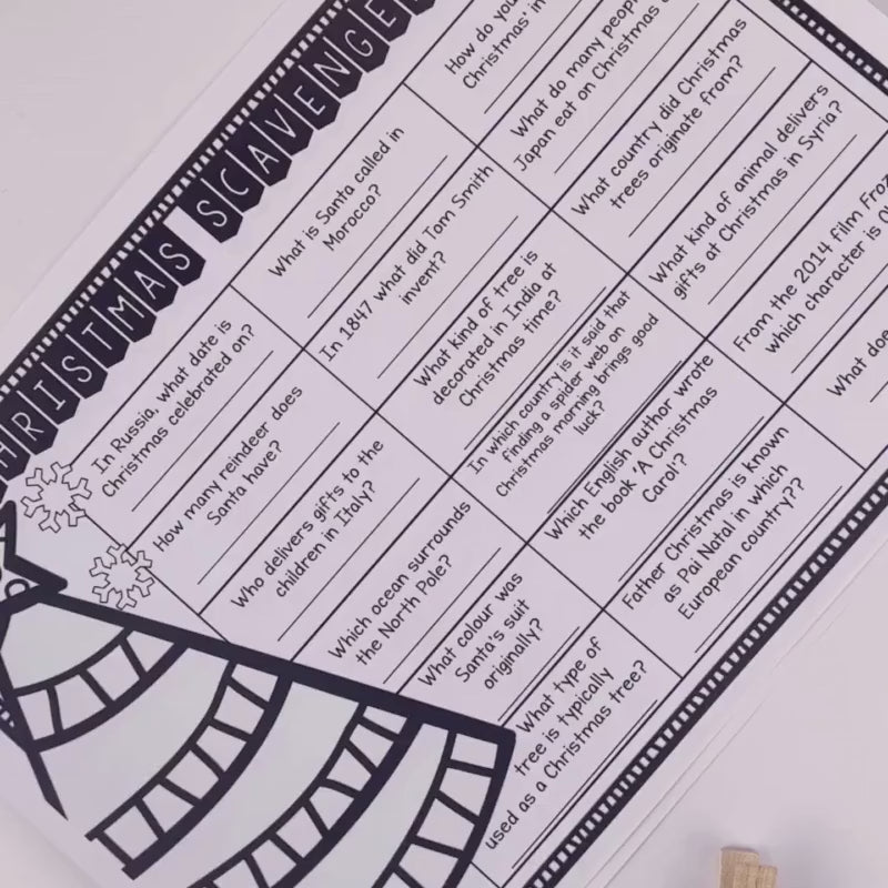 A video of Festive Christmas Scavenger Hunt digital download before and after it has been filled in and decorated.