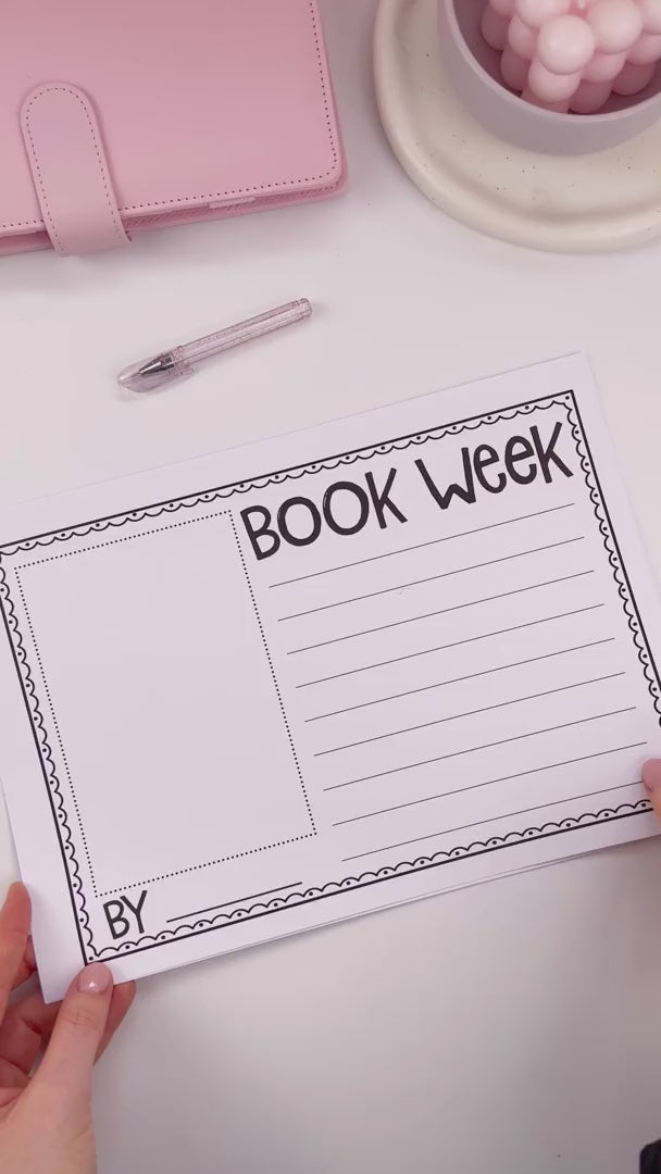 video of printable Book Week writing templates for students, including a “Book Week” page with space for drawing, writing, and student names.