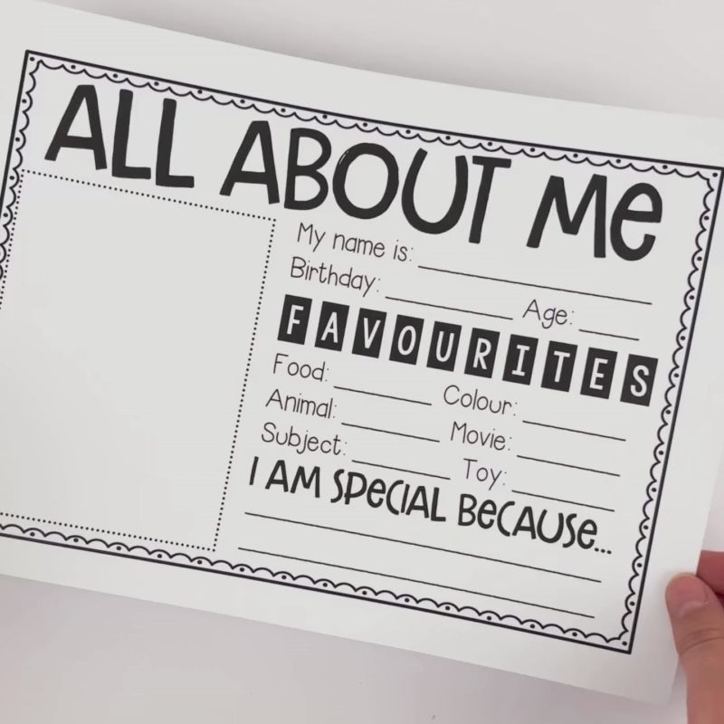 Students complete All About Me posters by adding favourite things and a self-portrait for a back to school classroom display.