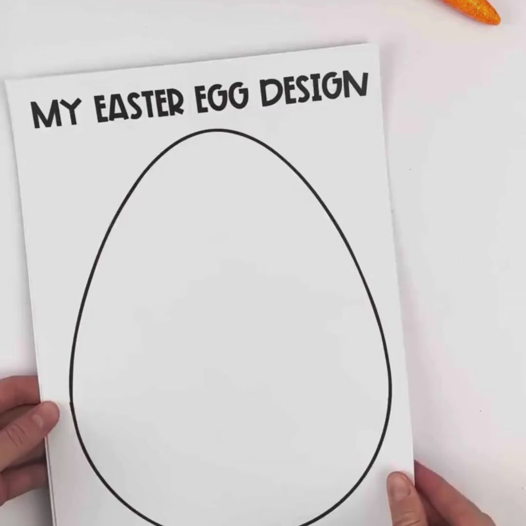 video preview of a printable worksheet titled “My Easter Egg Designs.” Several egg outlines are decorated with colorful patterns including polka dots, stripes, spirals, zigzags, flowers, squiggles, and hearts, while blank egg templates remain at the bottom for children to complete with their own designs.