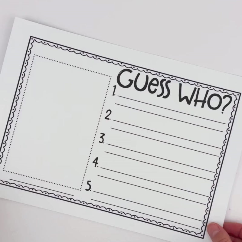 Students complete a back-to-school clue activity by writing five facts and hiding their photo under a lift-up flap for classmates to guess.