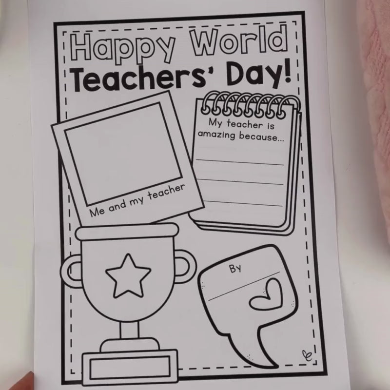Students colour and personalise printable World Teachers’ Day posters as a creative classroom appreciation activity.