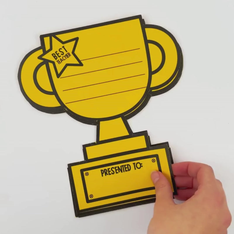 Printable trophy craft template with “Best Teacher” design for students to personalise with messages and photos.