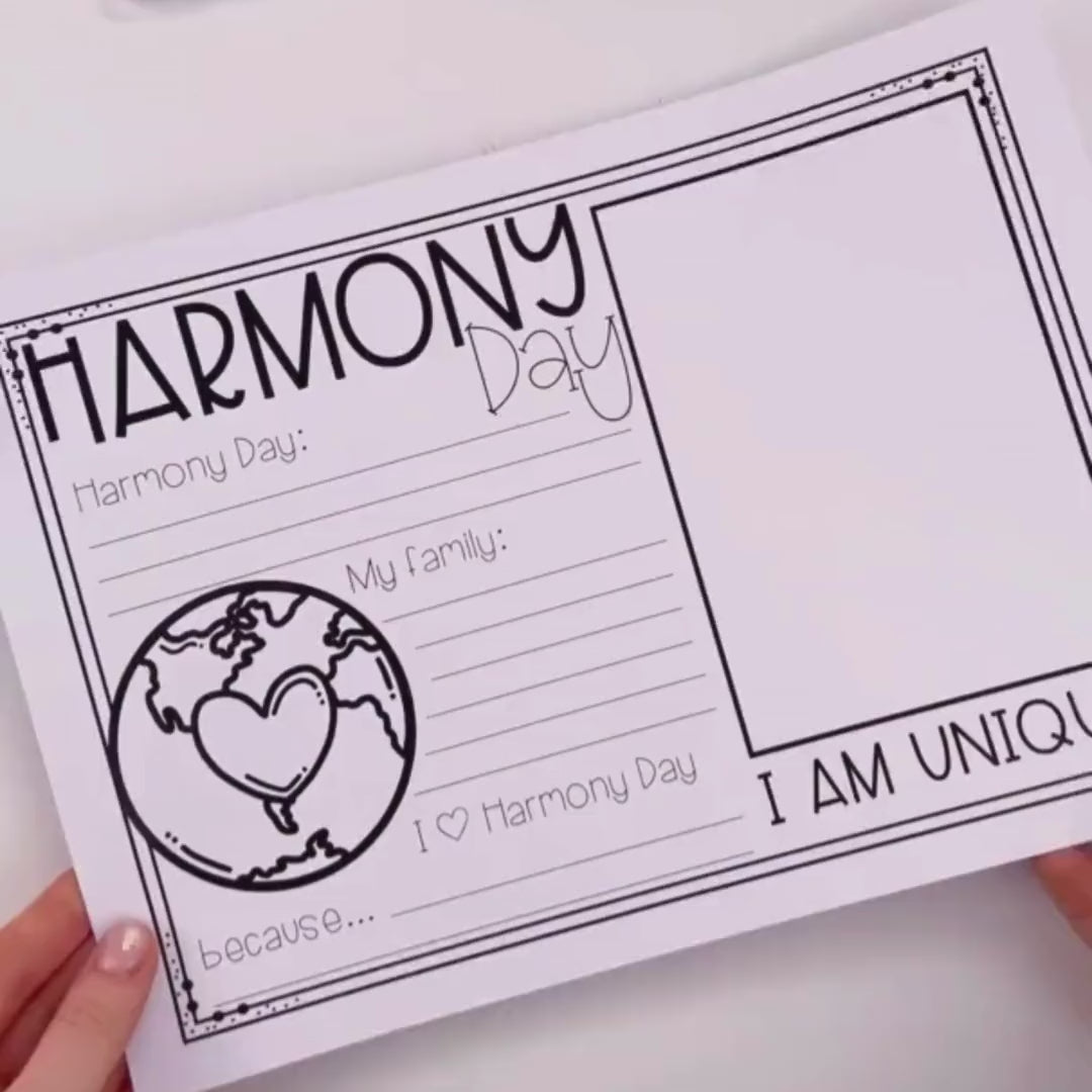 Printable Harmony Day worksheet template video preview featuring blank writing prompts, diversity-themed classroom activity layout, self-portrait space, family background reflection section, and “I Am Unique” statement area. Ideal for Harmony Week, multicultural education, inclusive classroom activities, SEL lessons, primary school writing prompts, and printable student worksheets.