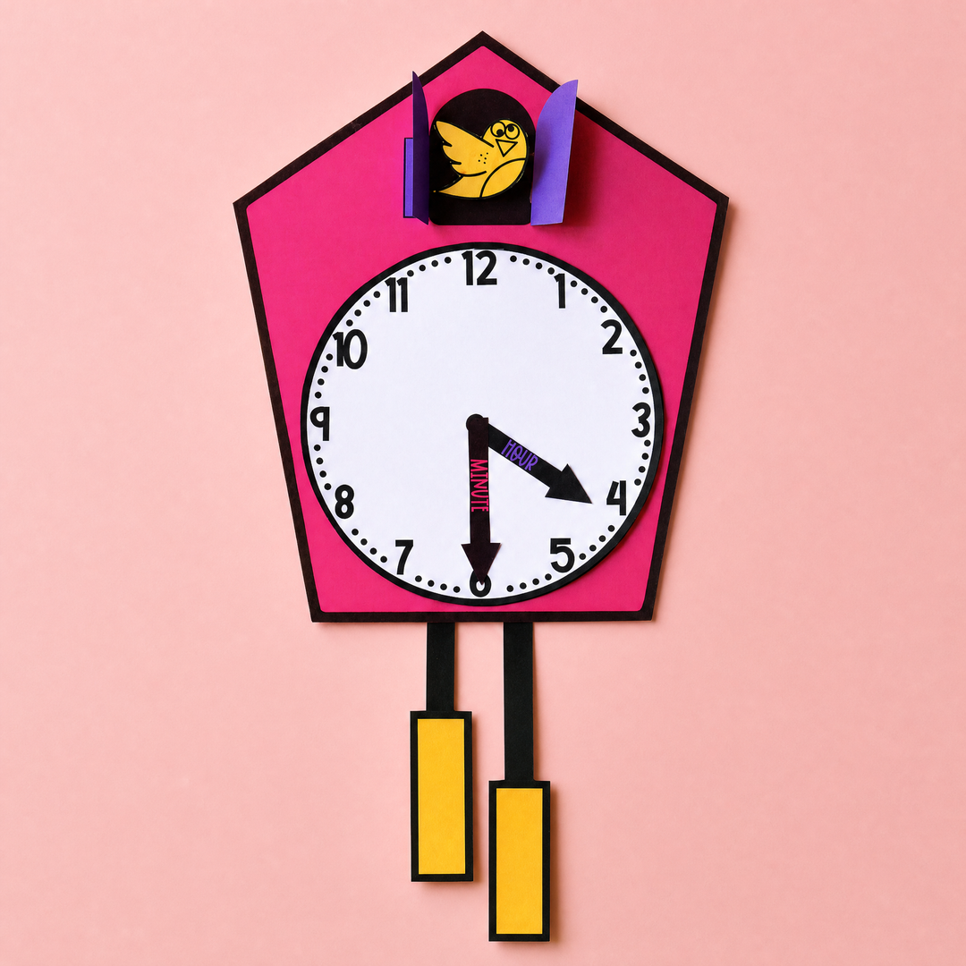 Printable cuckoo clock craft to help students learn analogue time, hour and minute hands, and telling time skills.