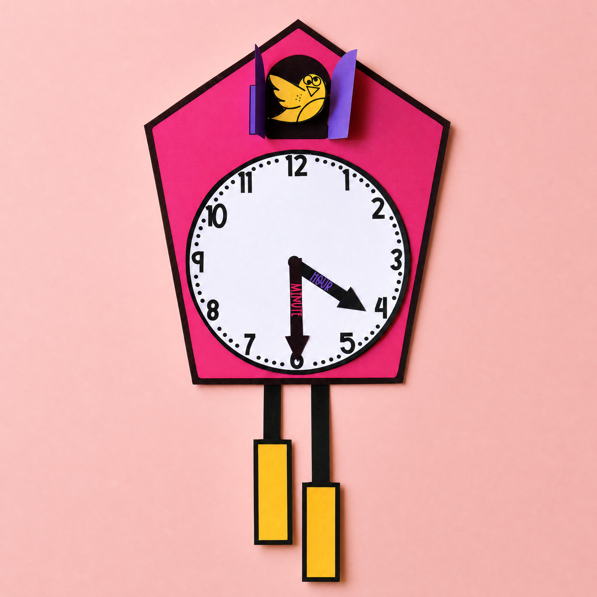 Printable cuckoo clock craft to help students learn analogue time, hour and minute hands, and telling time skills.